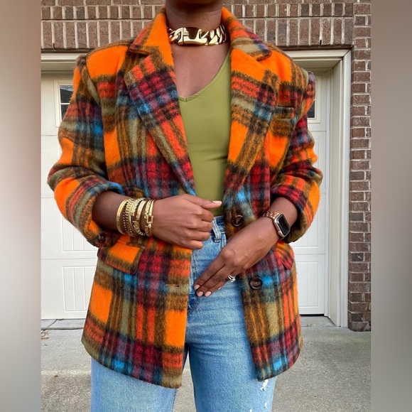 Nasty Gal Jackets & Blazers - NWT! NASTY GAL Premium Wool Blend Oversized Orange Plaid Stripe Blazer Coat